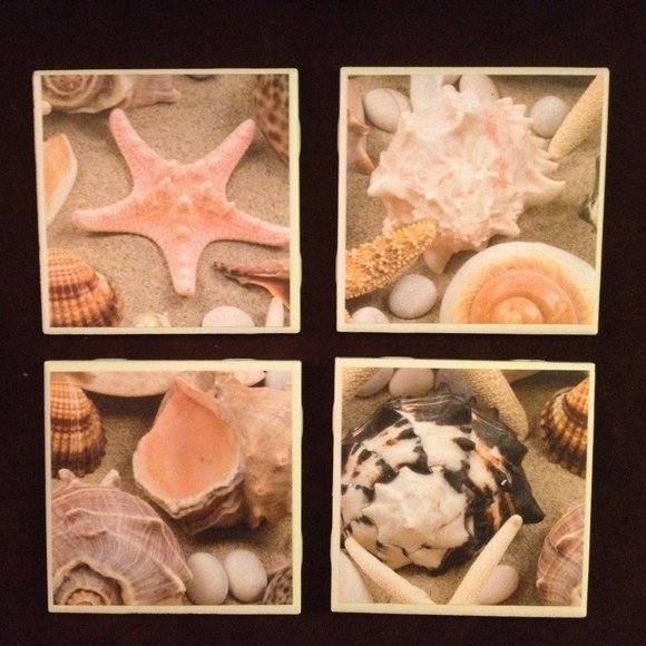 Set of 4 Handmade Beach Seashell Ceramic Coasters - Picture 1 of 1